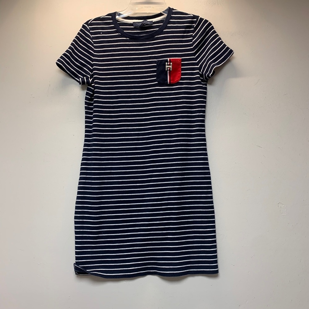 Tommy Hilfiger T-Shirt Dress Womens M Navy Blue Striped Mini Pocket 15879